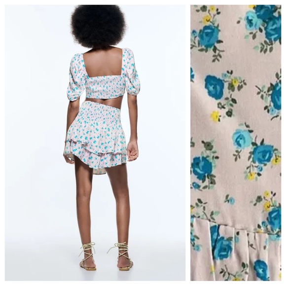 NWT. Zara Light Mauve Floral Print Satin Effect High-Waisted Mini Skirt. Size M. - Picture 3 of 10